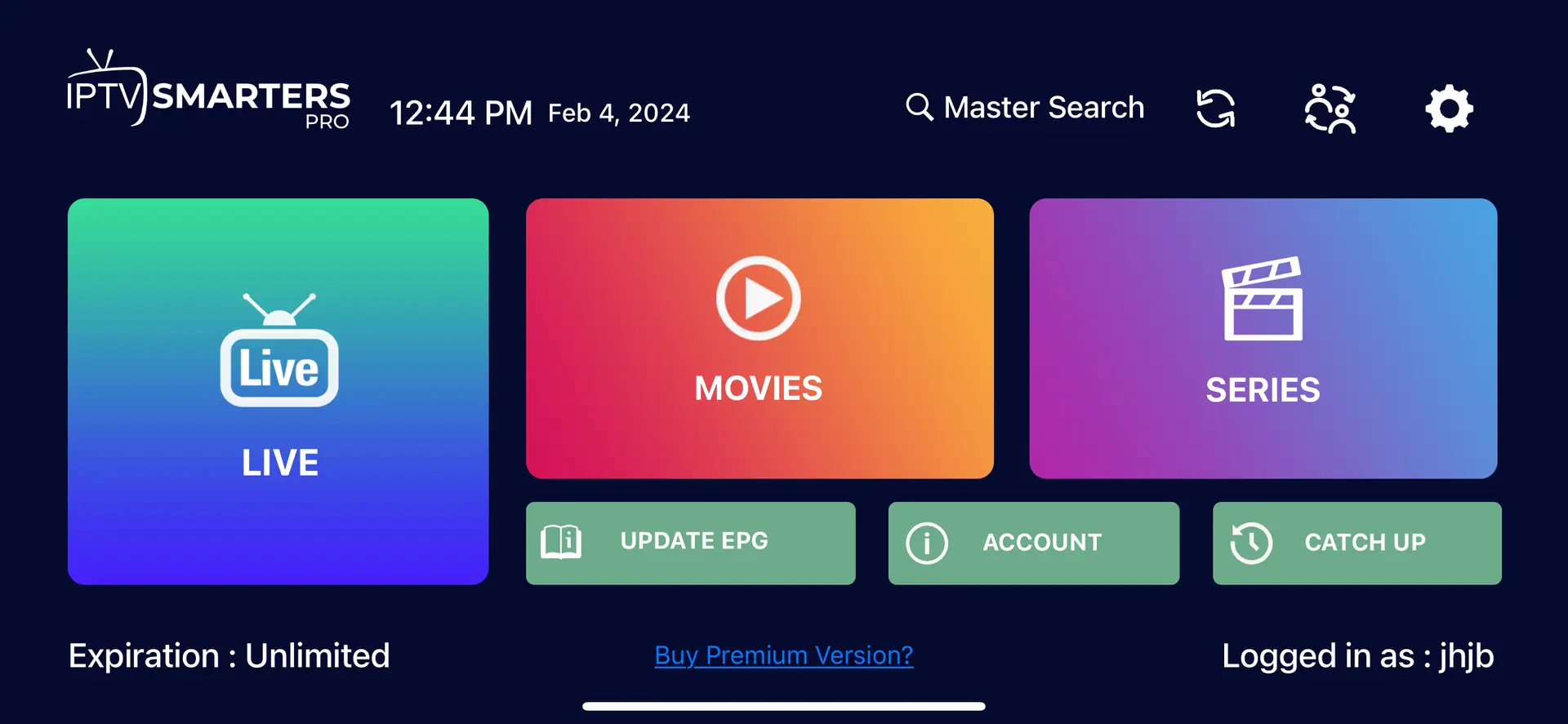 Interface IPTV Smarters Pro montrant Live TV, films, et séries - compatible avec IPTV belgique.